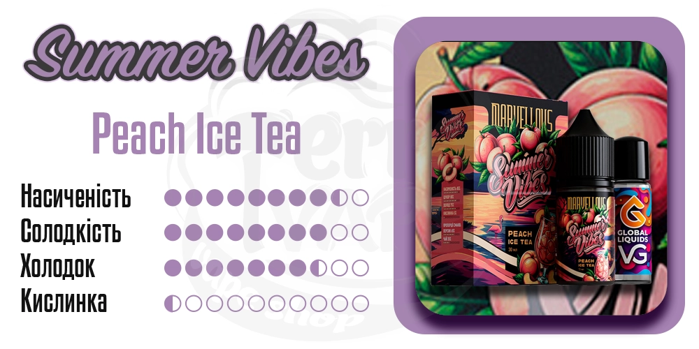 Характеристики смаку Marvellous Summer Vibes Salt Peach Ice Tea 15ml 50mg